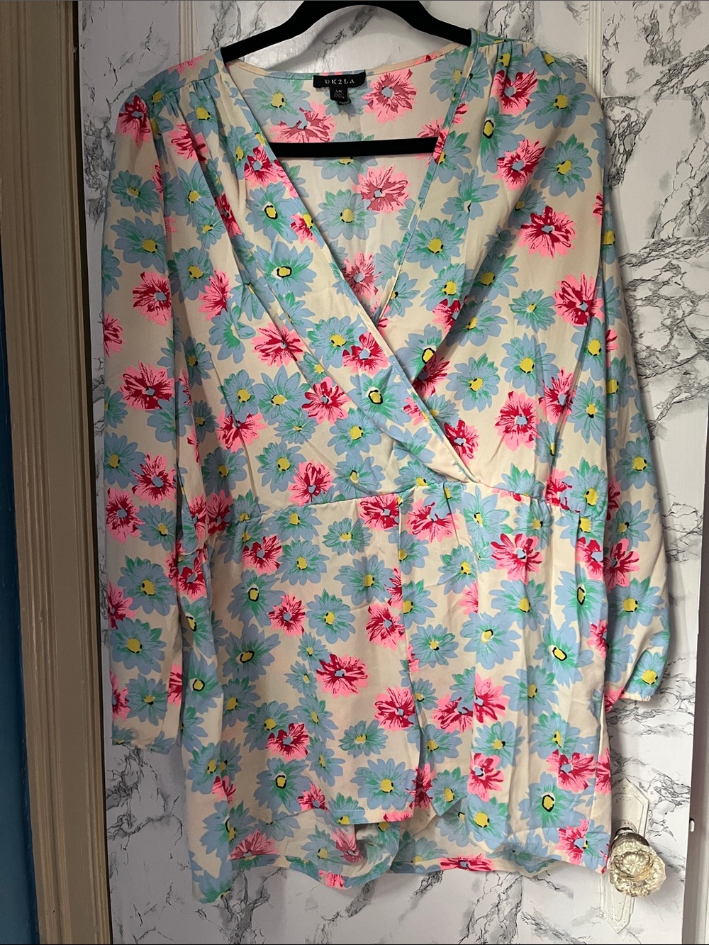 Floral Wrap Blouse in Pink & Blue New Without Tags